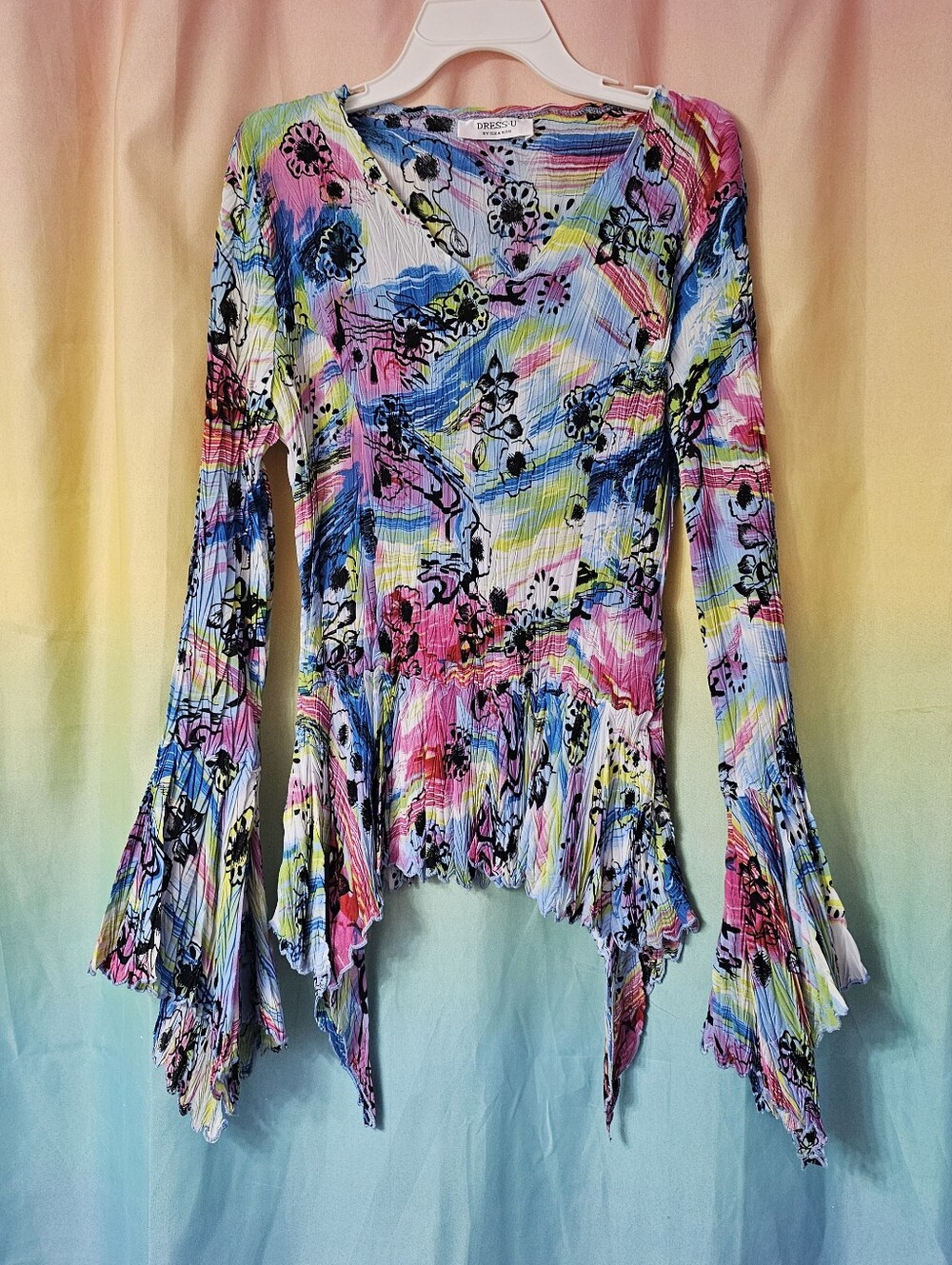 Y2k 2000's Vintage DRESS-U Multicolor Floral Crinkle V-Neck Flare Sleeve Top